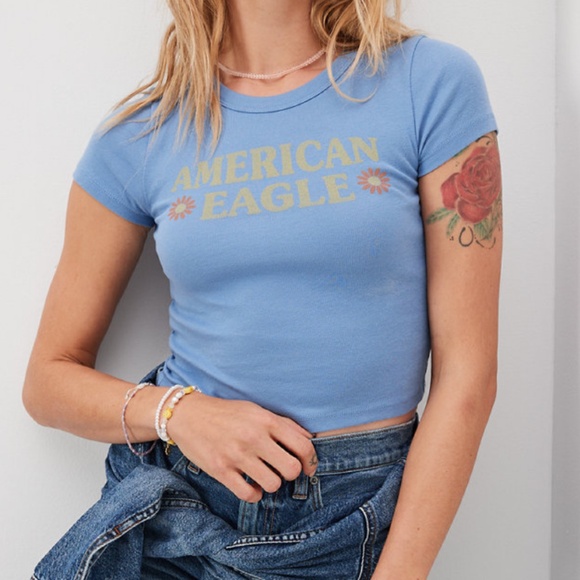 American Eagle Hey Baby Tee cropped T shirt blue size small - Picture 1 of 14